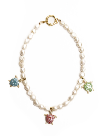 Natural freshwater pearl necklace with seashell and zircon turtles