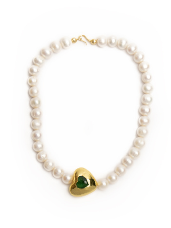 Natural round pearl necklace with green crystal, gold plated heart