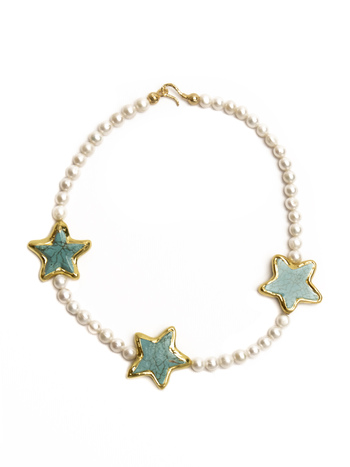 Natural freshwater pearl necklace with 3 turquoise stars